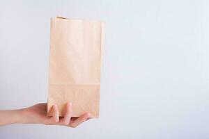 Hand holding disposable recyclable zero waste paper bag photo