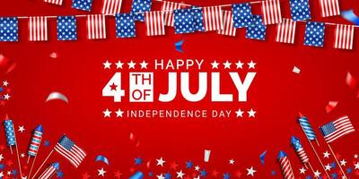 4th of july american independence day banner and social media post template design with paper flag, rocket and confetti on red background top view vector