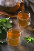 Calming green mint tea in cups and teapot on the table vertical view photo