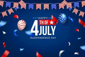 4th of july background design with american paper flag, confetti and balloons vector