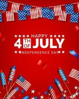 4to de julio americano independencia día bandera y social medios de comunicación enviar modelo diseño con papel bandera, cohete y papel picado en rojo antecedentes parte superior ver vector
