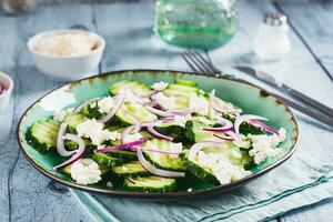 Fresh cucumber, ricotta and red onion salad on a plate on the table photo