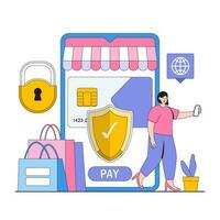 en línea compras seguridad vector ilustración concepto con caracteres. seguro en línea actas, cifrado pagos, comercio electrónico seguridad. moderno plano estilo para aterrizaje página, web bandera, infografia