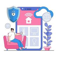 Iot security vector illustration concept with characters. Secure smart devices, connected home safety, internet of things protection. Modern flat style for landing page, web banner, infographics