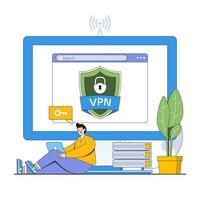 seguro red conexión vector ilustración concepto con caracteres. vpn uso, cifrado conexión, seguro hojeada. moderno plano estilo para aterrizaje página, web bandera, infografía, héroe imágenes