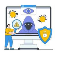 Cyber threat detection vector illustration concept with characters. Malware detection, real-time threat monitoring, cyber defense. Modern flat style for landing page, web banner, infographics