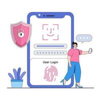 Biometric authentication vector illustration concept with characters. Fingerprint recognition, facial recognition, secure access control. Modern flat style for landing page, web banner, infographics