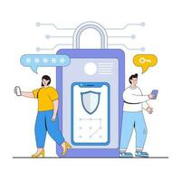 Mobile device security vector illustration concept with characters. Device encryption, secure lock screens, mobile security apps. Modern flat style for landing page, web banner, infographics