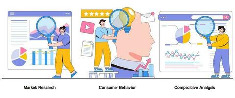 Market Research, Consumer Behavior, Competitive Analysis Concept with Character. Market Intelligence Abstract Vector Illustration Set. Insights Generation, Strategic Decision-Making Metaphor