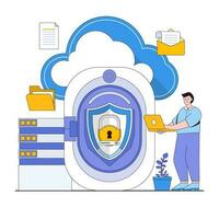 seguro nube almacenamiento vector ilustración concepto con caracteres. datos respaldo, cifrado nube almacenamiento, datos proteccion en el nube. moderno plano estilo para aterrizaje página, web bandera, infografia