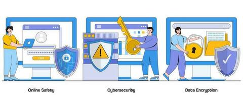 Online Safety, Cybersecurity, and Data Encryption Concept with Character. Digital Security Abstract Vector Illustration Set. Privacy, Protection, and Threat Prevention Metaphor