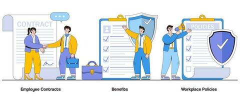 Employee Contracts, Benefits, and Workplace Policies Concept with Character. Human Resources Abstract Vector Illustration Set. Employment Terms, Work-Life Balance, and Organizational Culture Metaphor