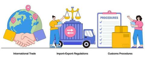 internacional comercio, importación y exportación regulaciones, y aduana procedimientos concepto con personaje. global comercio resumen vector ilustración colocar. transfronterizo actas, aduana despeje metáfora