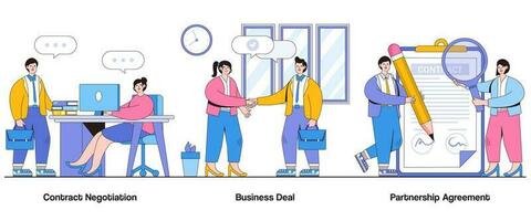 Contract Negotiation, Business Deal, Partnership Agreement Concept with Character. Business Collaboration Abstract Vector Illustration Set. Deal Closing Metaphor