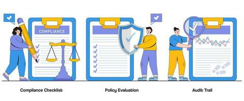 Compliance Checklist, Policy Evaluation, Audit Trail Concept with Character. Compliance Management Abstract Vector Illustration Set