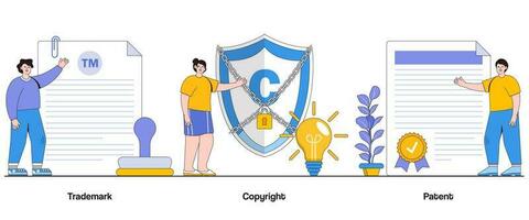 Trademark, Copyright, and Patent Concept with Character. Intellectual Property Abstract Vector Illustration Set. Innovation, Creativity, and Protection Metaphor