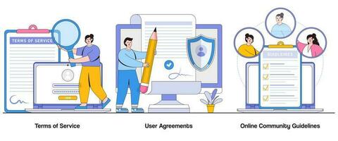 Terms of Service, User Agreements, and Online Community Guidelines Concept with Character. Digital Platform Rules Abstract Vector Illustration Set. User Responsibilities, Online Etiquette Metaphor