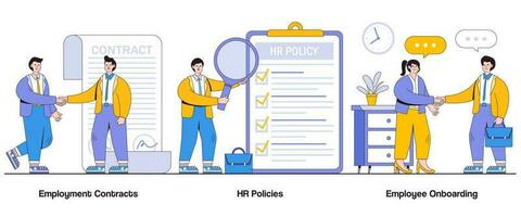 Employment Contracts, HR Policies, Employee Onboarding Concept with Character. Workplace Compliance Abstract Vector Illustration Set. Hiring Process, Policy Awareness, Employee Rights Metaphor