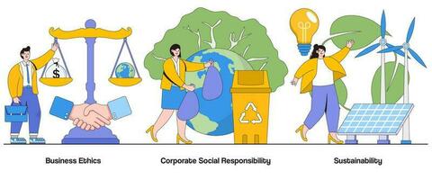 negocio ética, corporativo social responsabilidad, sustentabilidad concepto con personaje. ético negocio practicas resumen vector ilustración colocar. ambiental administración, social impacto metáfora