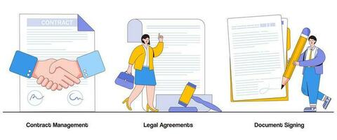 Contract Management, Legal Agreements, Document Signing Concept with Character. Business Contract Abstract Vector Illustration Set. Agreement Validation, Legal Obligations Metaphor