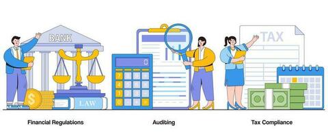 Financial Regulations, Auditing, and Tax Compliance Concept with Character. Fiscal Responsibility Abstract Vector Illustration Set. Transparency, Accountability, and Financial Integrity Metaphor