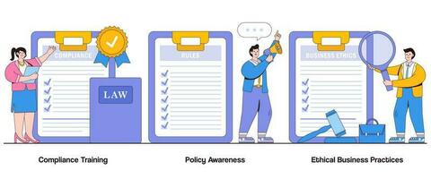 Compliance Training, Policy Awareness, Ethical Business Practices Concept with Character. Workplace Ethics Abstract Vector Illustration Set. Training Programs, Policy Adherence Metaphor