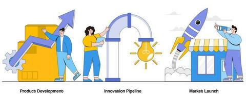 Product Development, Innovation Pipeline, Market Launch Concept with Character. Product Innovation Abstract Vector Illustration Set. Ideation, Prototyping, Market Disruption Metaphor