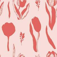 Seamless pattern with vector flowers of tulips. Vector graphics of colors. Summer print with pink tulips. Graphics for printing on postcards, banners, notebooks