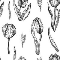 Seamless pattern with tulips flowers vector. Vector graphics flowers. The background is summer with tulips and abstract spots. Black and white print for printing on postcards, banners, notebooks