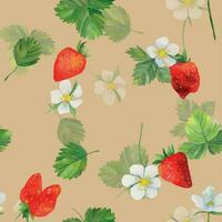 Seamless pattern with strawberries and green leaves. Red strawberry background. A hand-drawn illustration of food. Fruit print. For greetings, logo. Summer sweet and bright fruits and berries. vector