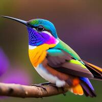 un vistoso colibrí con un vistoso antecedentes generativo ai foto