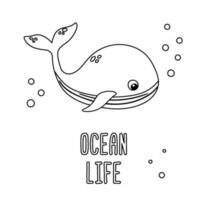 Poster of vector cute cartoon whale with bubbles and text Ocean life in flat style.