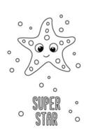 Poster of vector cute cartoon starfish with bubbles and text Super star in flat style.