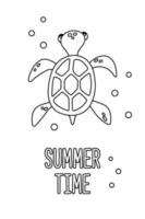 Poster of vector cute cartoon sea turtle with bubbles and text Summer time in flat style.