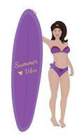 morena mujer con un plancha de windsurf vistoso ilustración vector