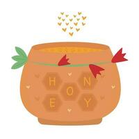 Cute jar with honey, clay pot, colorful illustration vector