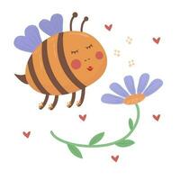 Cute bee and blue flower, love to apiary, beekeeping colorful illustration vector