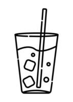 Glass of cold drink black and white vector line icon