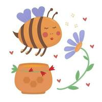 Cute bee, blue flower and jar of honey, colorful illustration vector