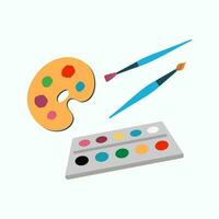 Artist's palette, paints and art brushes. Drawing  set . Vector illustration on isolated background.