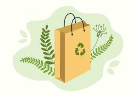 Environmentally friendly reusable shopping bag. Paper packaging. Vector graphic, background isolated.