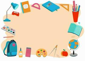 Stationery. School, studies. Banner, space for text. Badges, icons, stationery, school supplies. vector