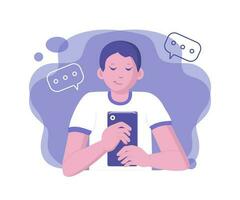 Boy with the phone writes a message. Young man, boy with a smartphone. People, online communication, computer games. Electronics, technology. Vector illustration. Background isolated.