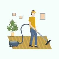 Man - cleaner with a vacuum cleaner. Home and office cleaning services, work, profession. Household appliances. Vector illustration, background isolated.