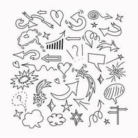 Vector doodle elements set. Arrows, stars, speech bubbles, clouds, hearts, doodle  style signs. Outline drawings, sketch.  Vector illustration on isolated background.