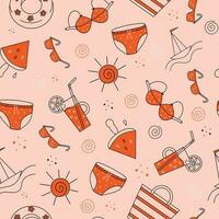 Summer pattern.  Seamless background with abstract beach icons in doodle style.   Vector illustration on isolated background.