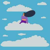 Woman flies in the clouds. Flat design vector