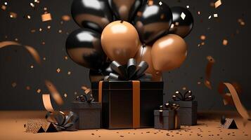 contento cumpleaños antecedentes y regalo caja y realista globos ornamento con cinta generativo ai foto