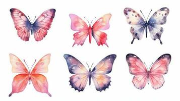 Butterfly collection. Watercolor illustration. Colorful Butterflies clipart set. Pink butterfly Generative AI photo