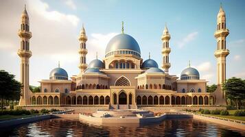 ilustración de increíble arquitectura diseño de musulmán mezquita Ramadán concepto ai foto
